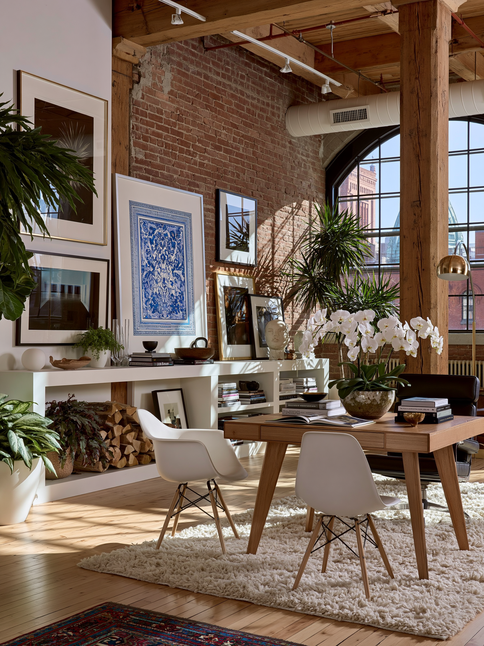 The Art Collector — sunlit brick loft with a leaning salon wall of framed art, orchids, plants and a walnut desk