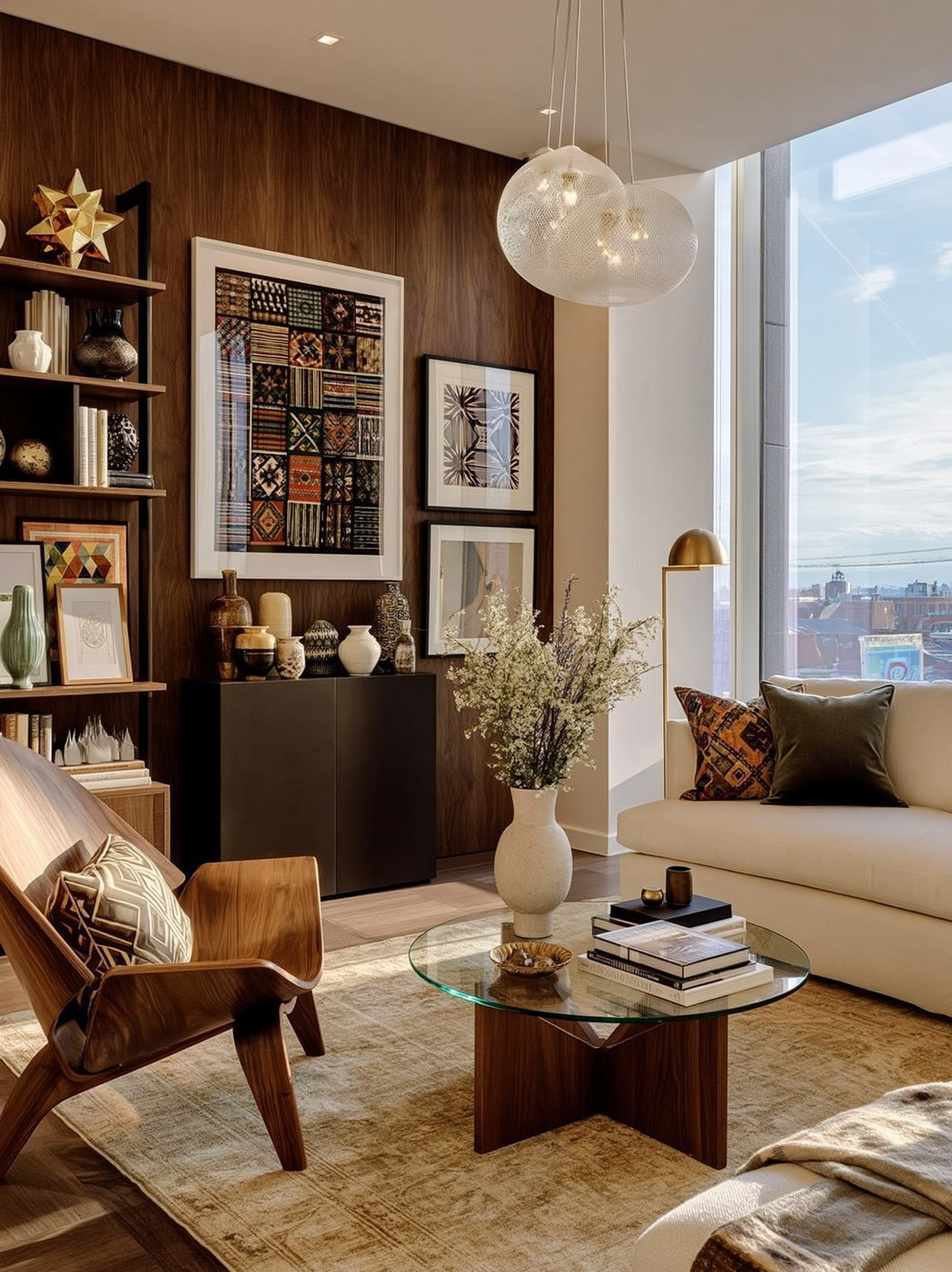 The Design Traveler — walnut-panelled room with global textiles, a molded plywood chair and glass coffee table