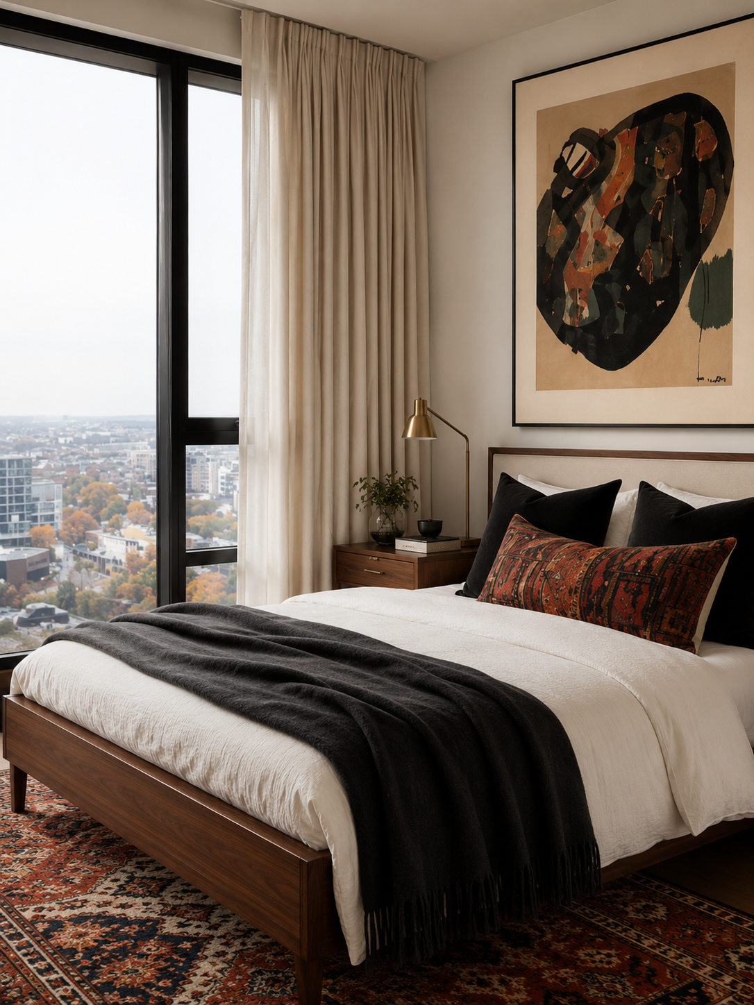 The Downtown — styled bedroom with city skyline view, abstract art and walnut bed