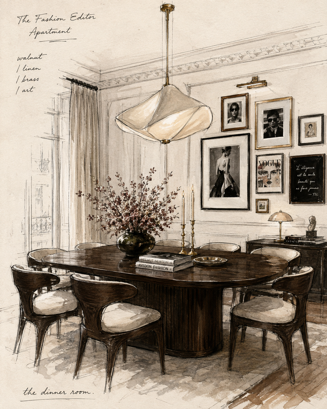 The Fashion Editor — walnut dining table with brass pendant and a gallery wall of fashion photography