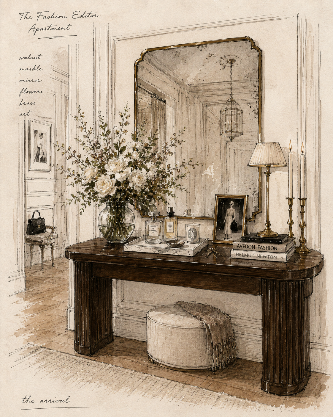 Hand-drawn sketch of the Fashion Editor entryway — walnut console, brass mirror, marble tray with perfumes and candle, floral arrangement