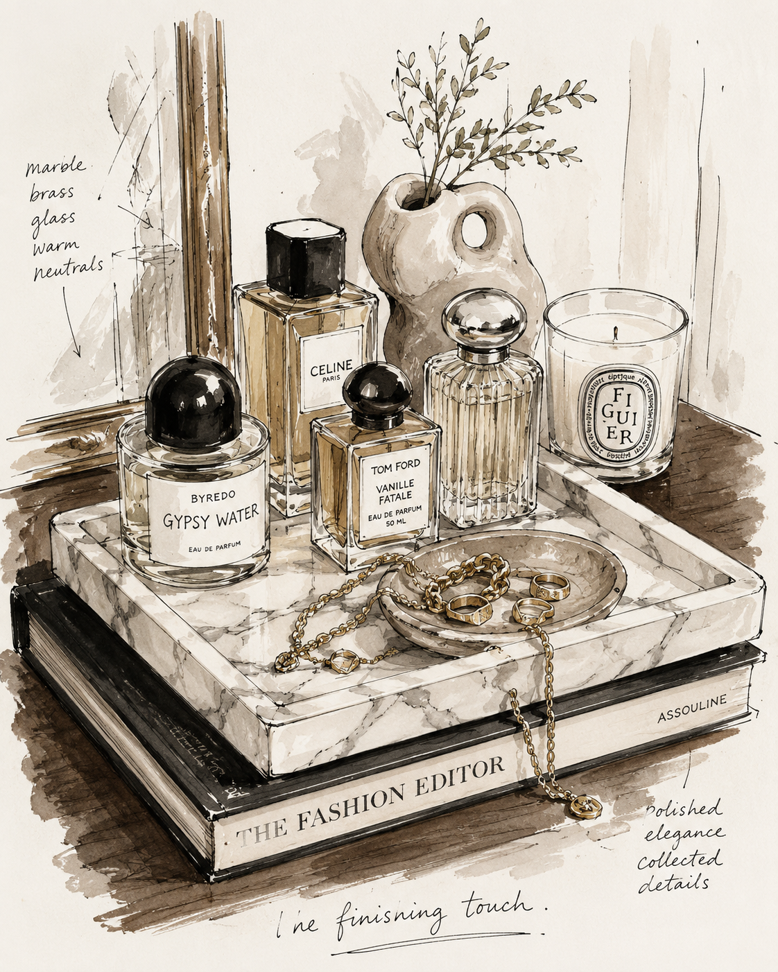 Hand-drawn sketch of a marble vanity tray with perfume bottles, a candle, and jewelry, styled on a stack of books