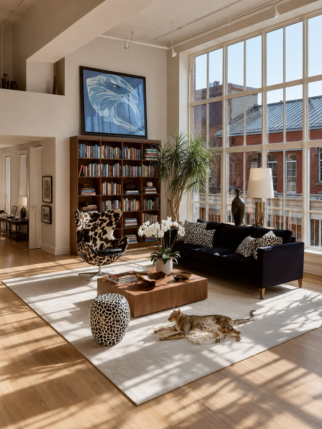 A sunlit double-height loft with a wall of books, black velvet sofa, sculptural chair and large blue artwork
