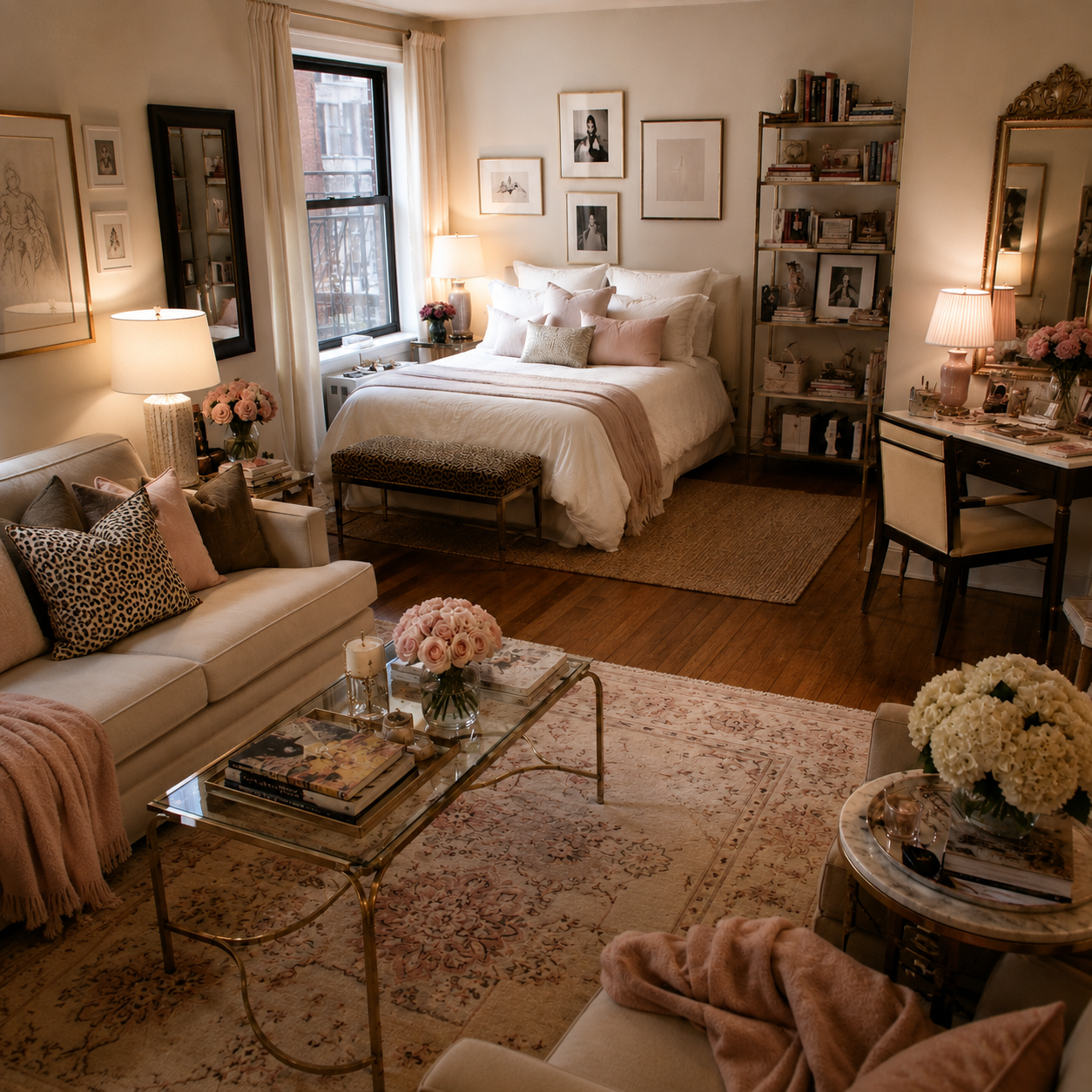 A romantic New York studio apartment with pink roses, gold accents, a leopard cushion and a gallery wall
