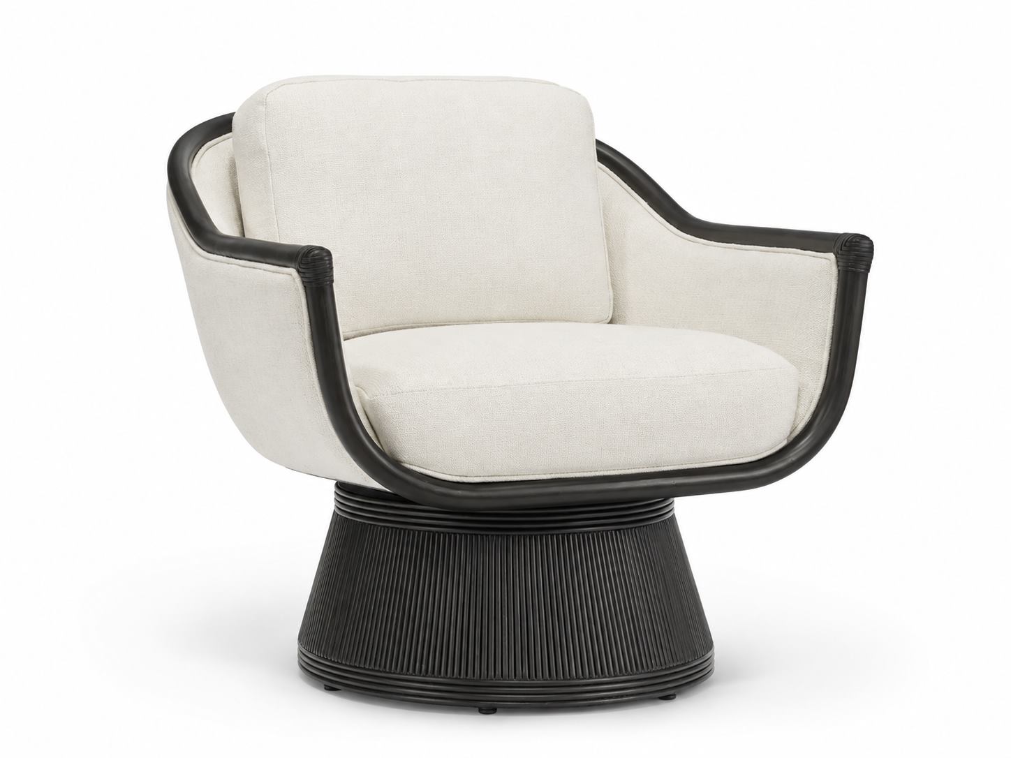 Palecek Baldwin Swivel Lounge Chair with a dark rattan frame, fluted swivel base and ivory upholstery