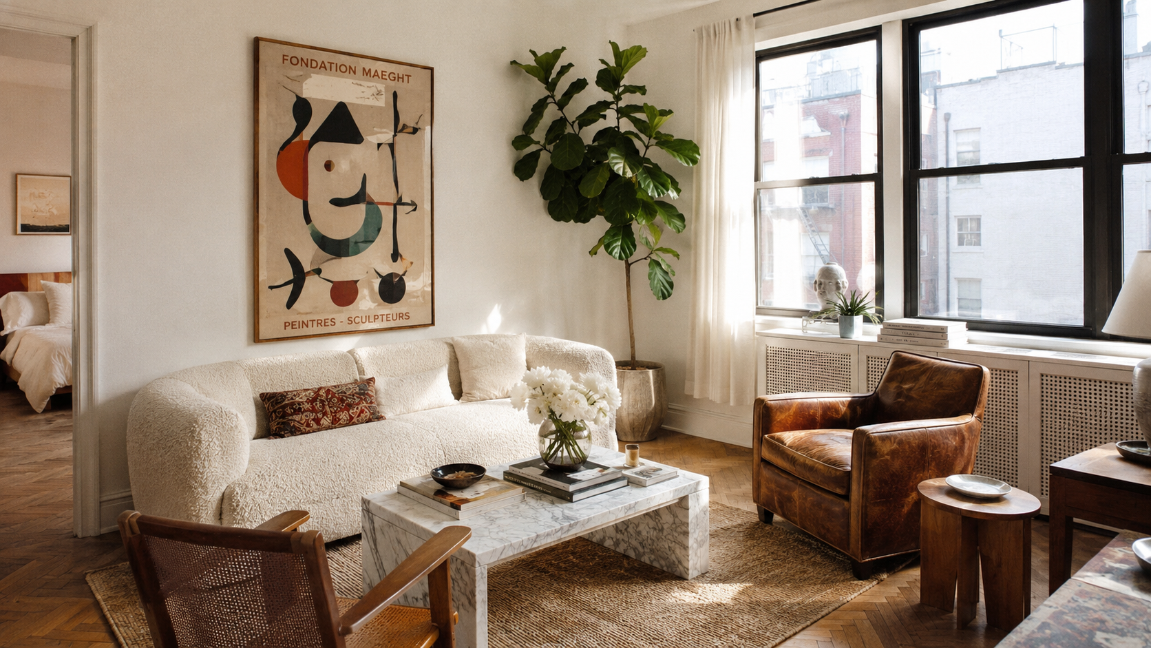 A bright New York apartment living room with arched windows, marble coffee table, and stacked art books