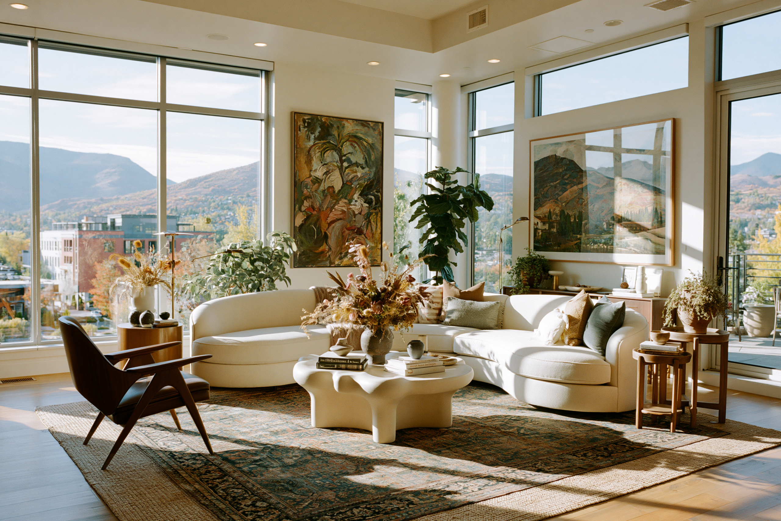 A large vintage kilim rug anchoring a bright living room seating area with all furniture legs sitting on it