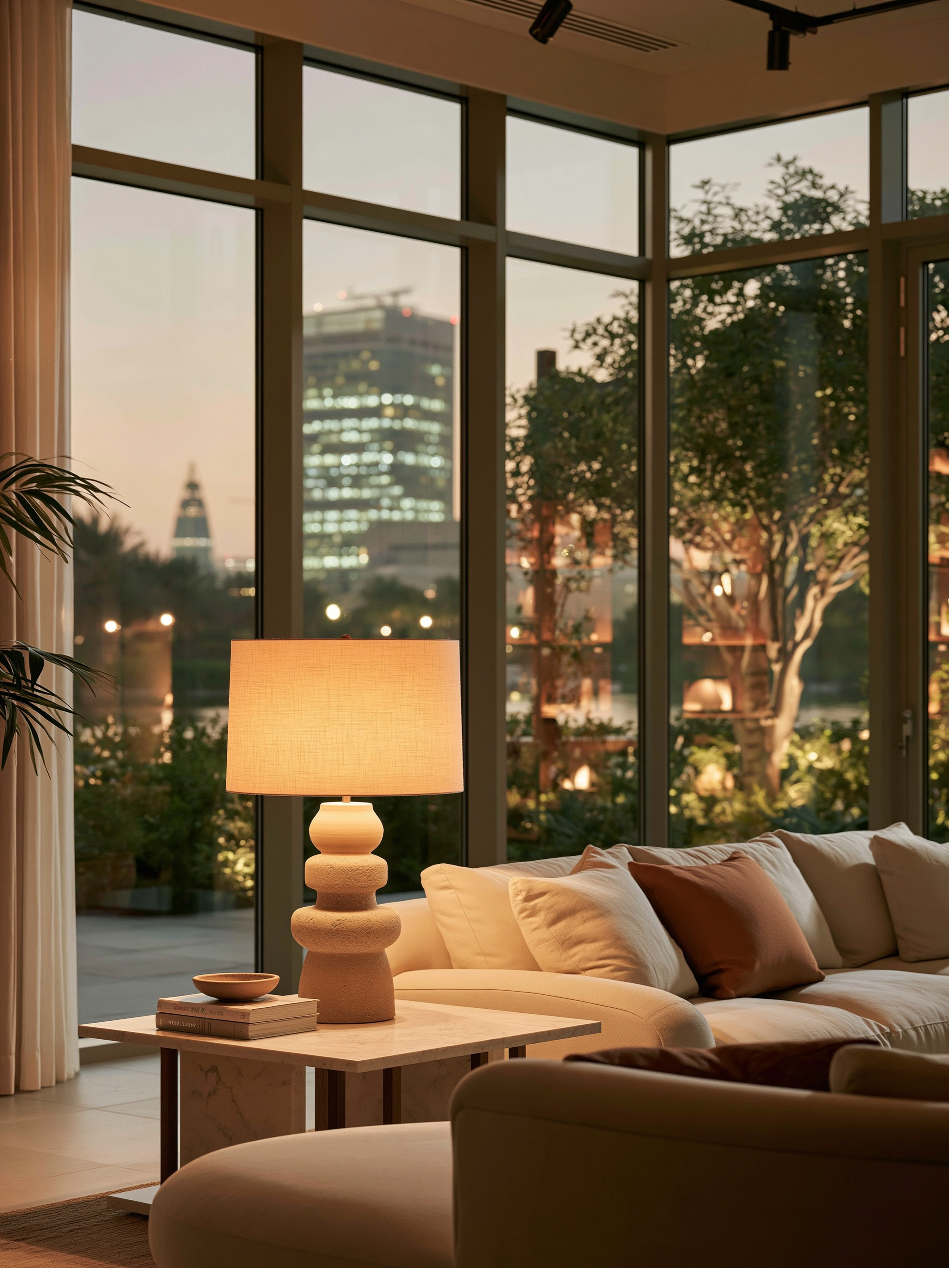 A warm living room corner at dusk lit by a sculptural ceramic table lamp, city lights visible through floor-to-ceiling windows