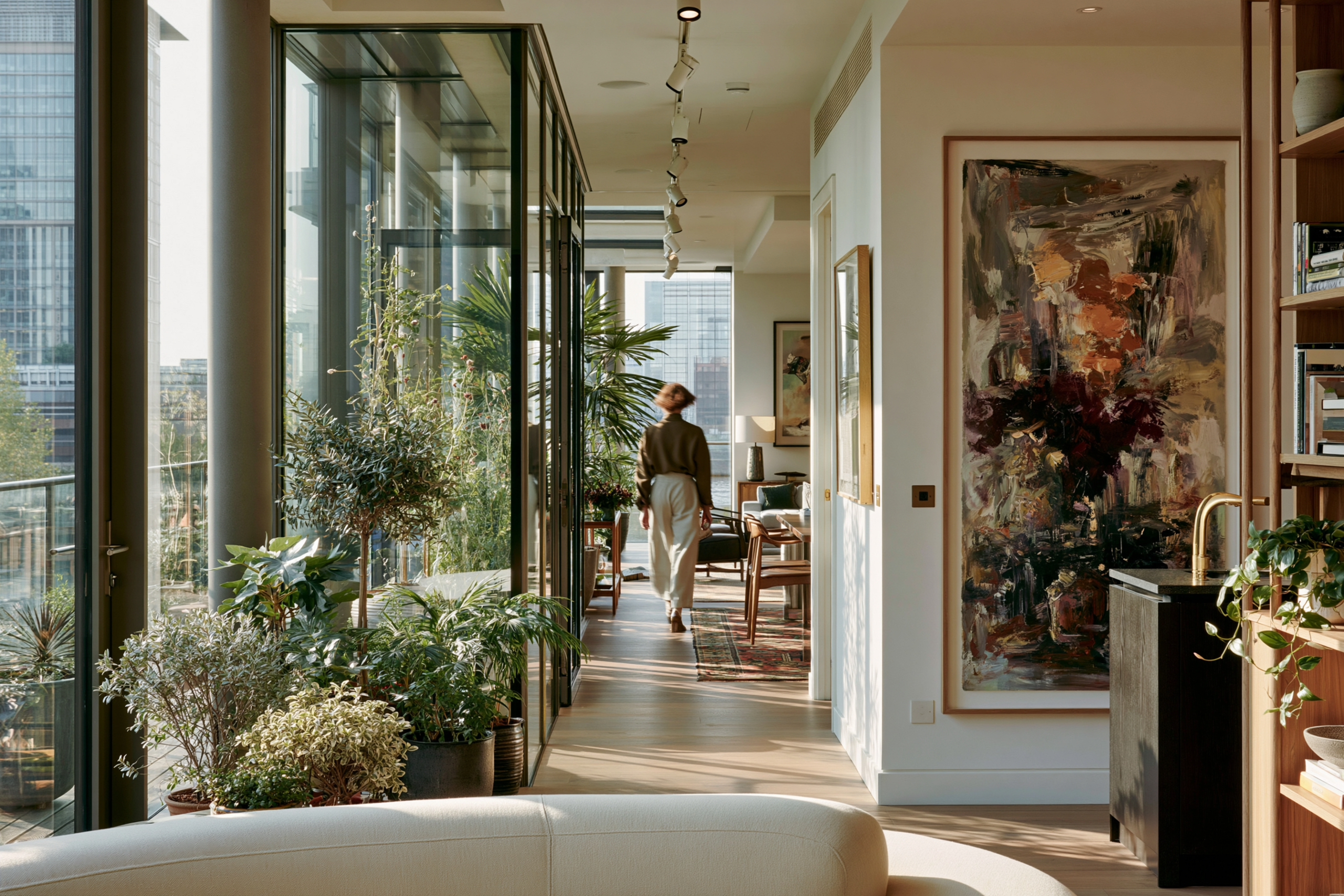 A single large framed abstract artwork commanding a wall in a city apartment, with floor-to-ceiling windows and plants visible