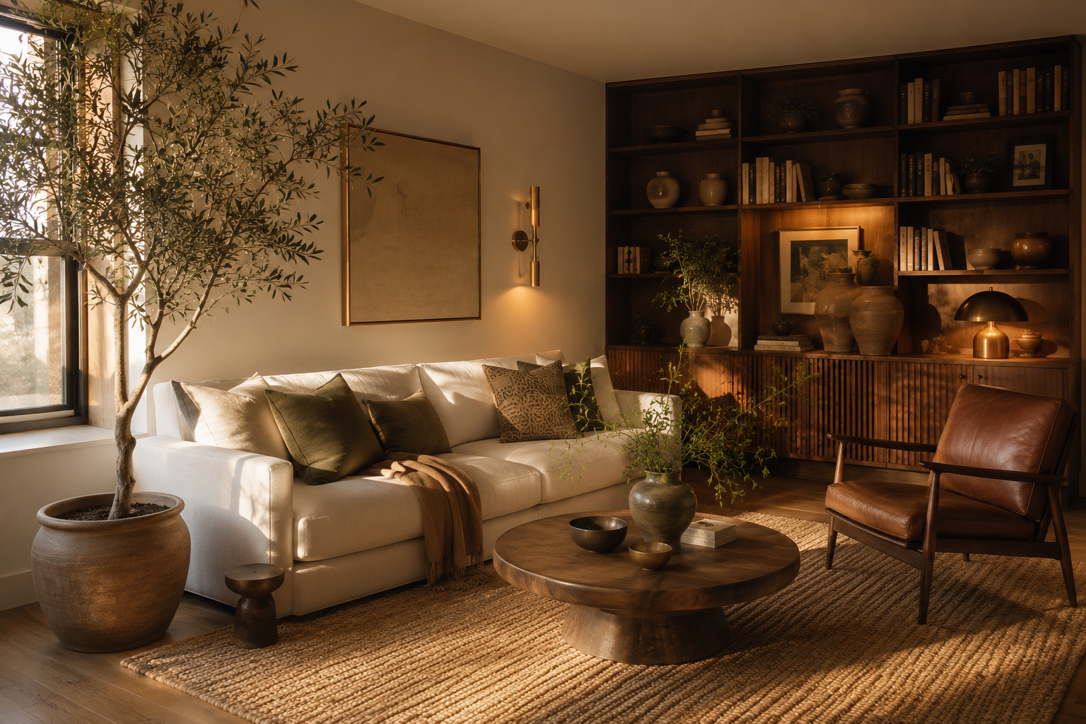 A large olive tree growing naturally beside a cream sofa in a warm city apartment living room
