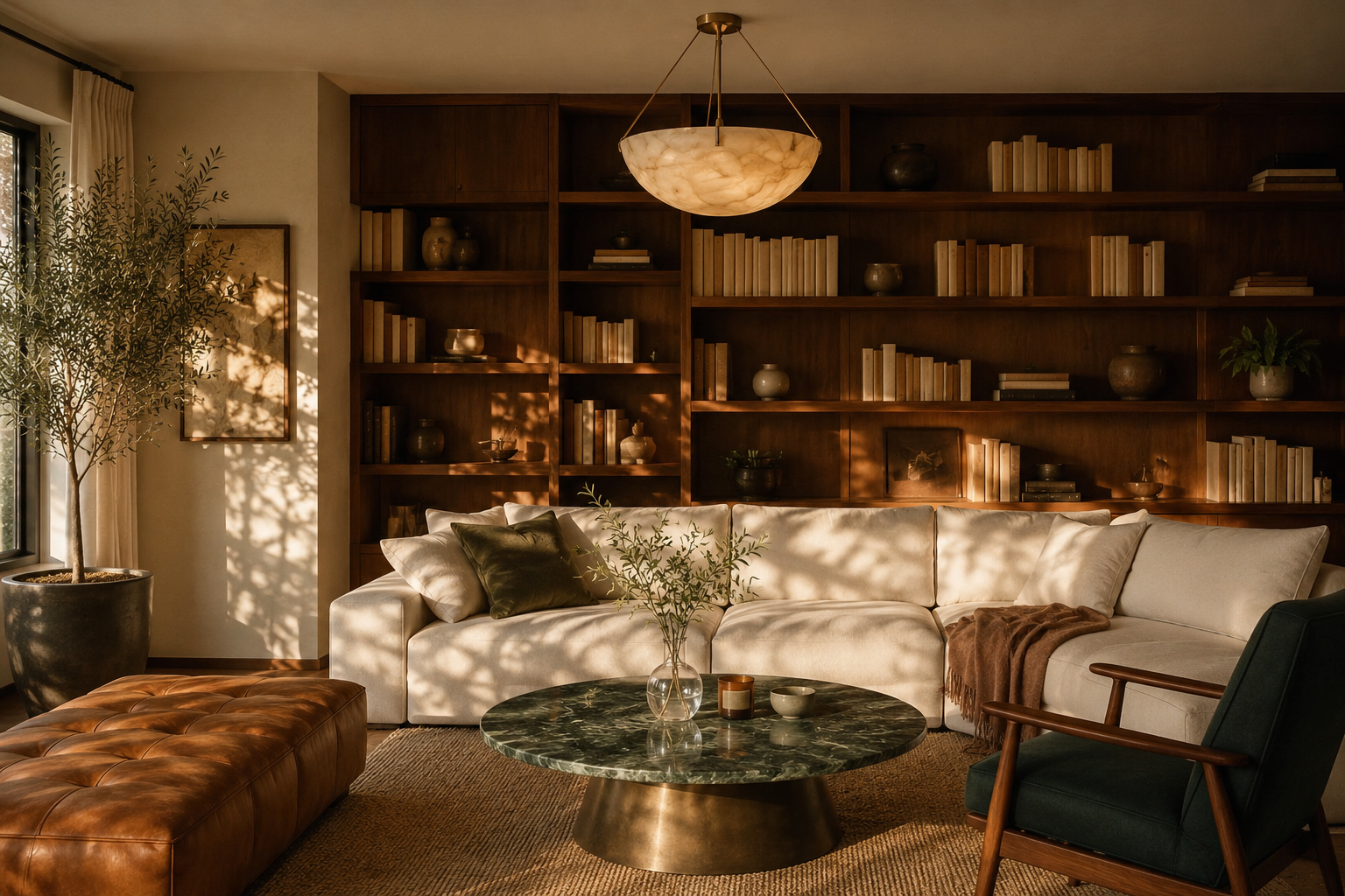 A sculptural green marble coffee table on a brass base styled with an olive branch, candle, and ceramic objects