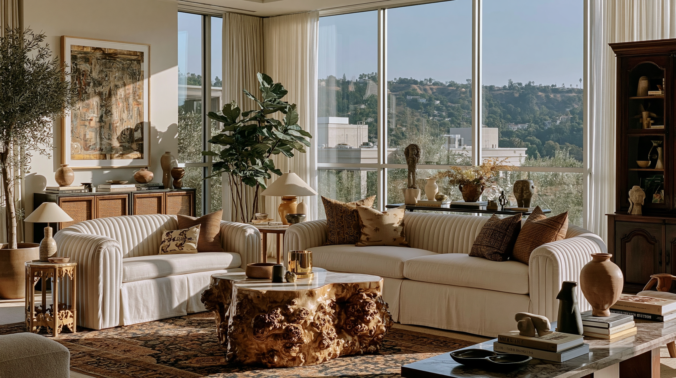 A bright city apartment living room with sculptural burl wood furniture and layered textiles