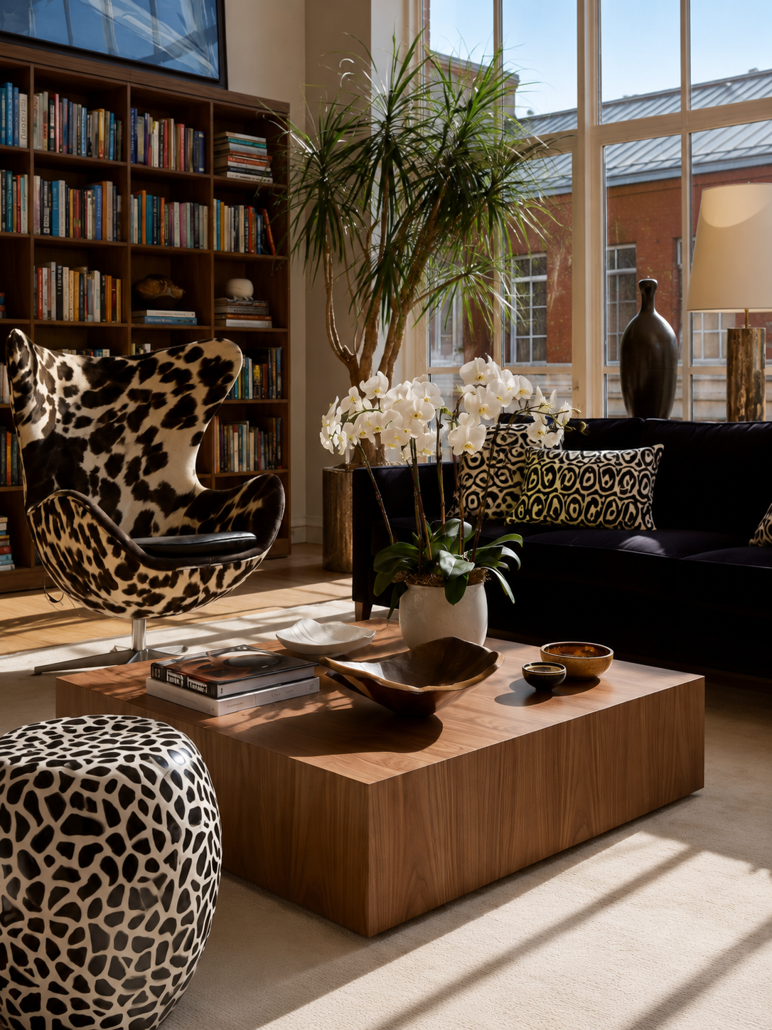 Detail of a walnut coffee table styled with orchids, bowls and books beside a sculptural chair