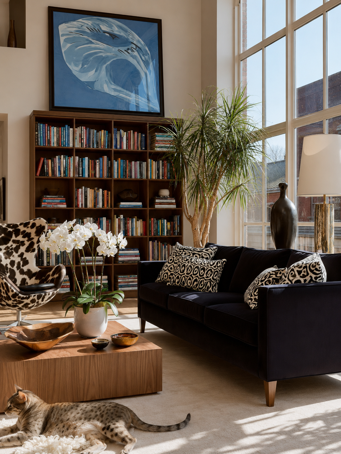 Three-quarter view of a black velvet sofa with patterned cushions against a full bookshelf and large windows