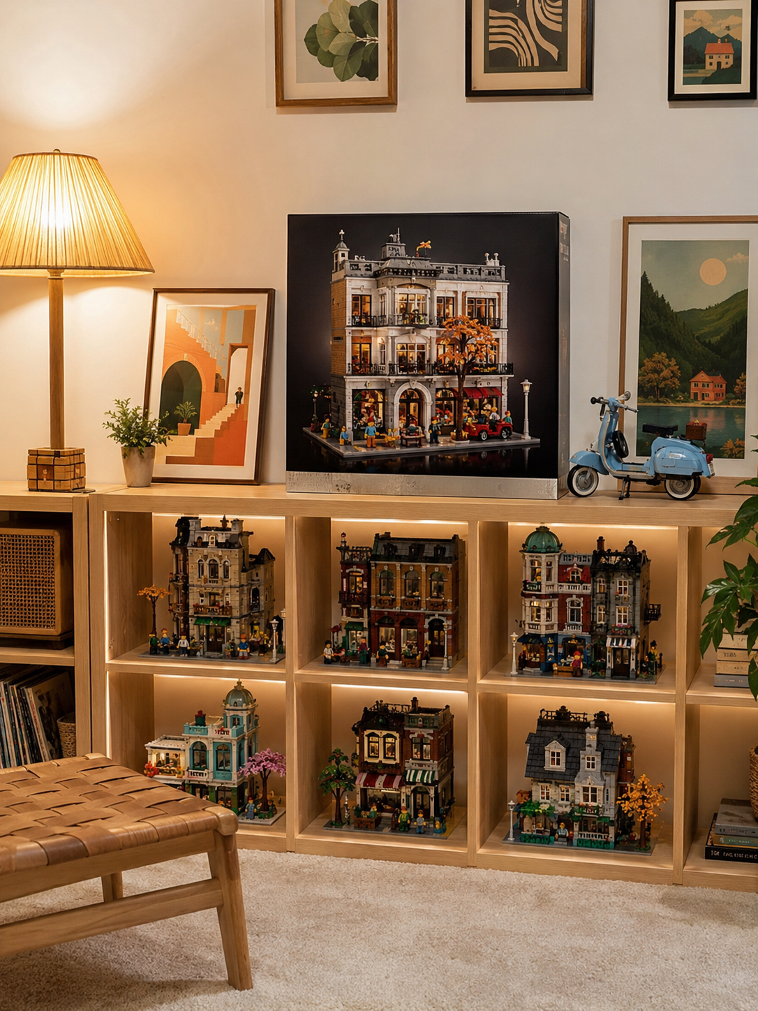 A LEGO modular building collection displayed on a wood shelf with framed art and a Vespa