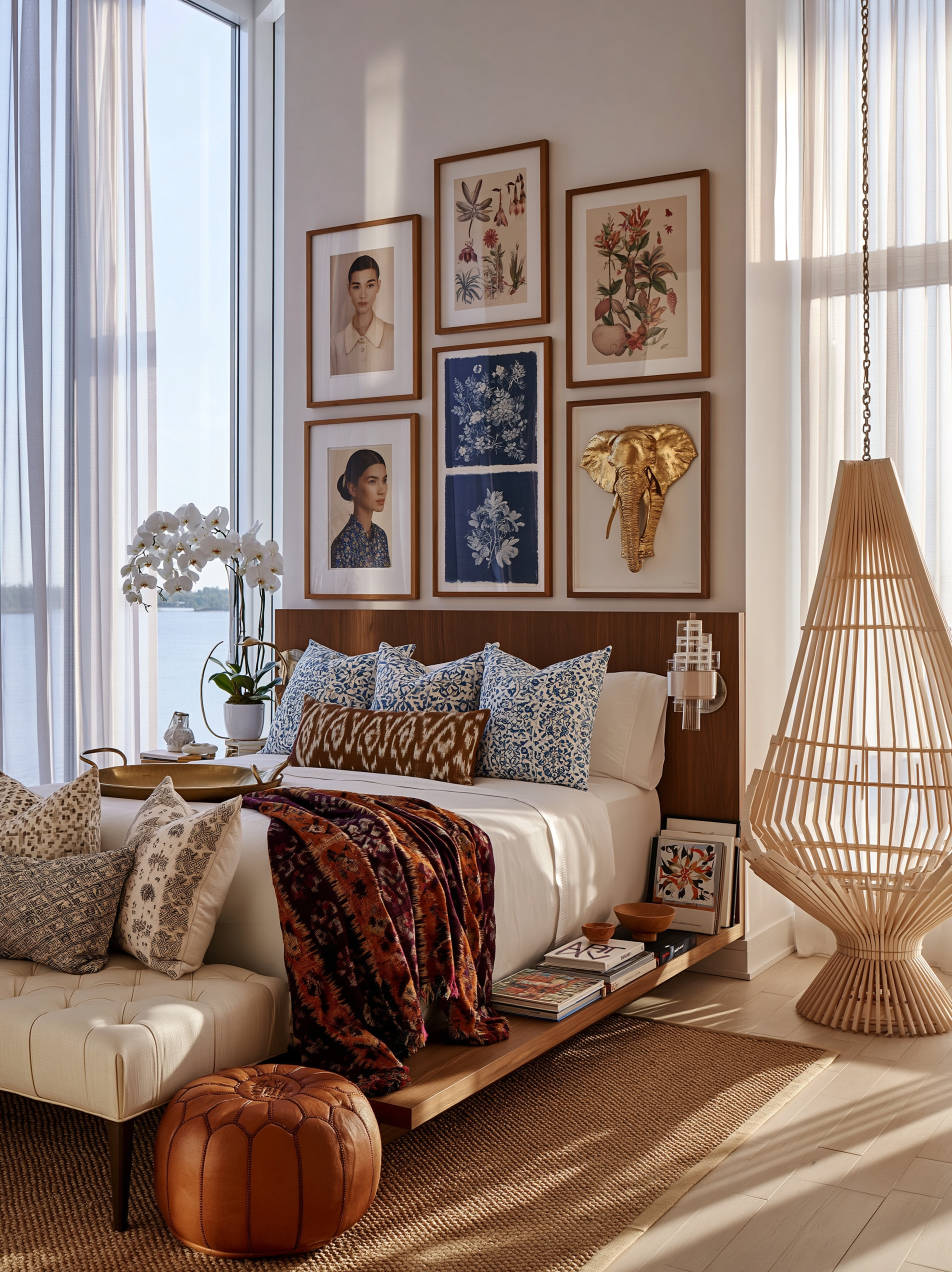Styled art collector's bedroom — walnut platform bed, salon wall of framed art, waterfront view