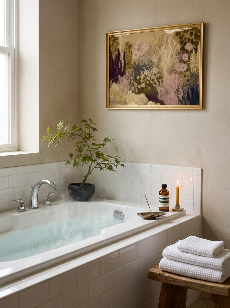 The Serene bath — soaking tub with faux Japanese maple, gallery art and candlelight